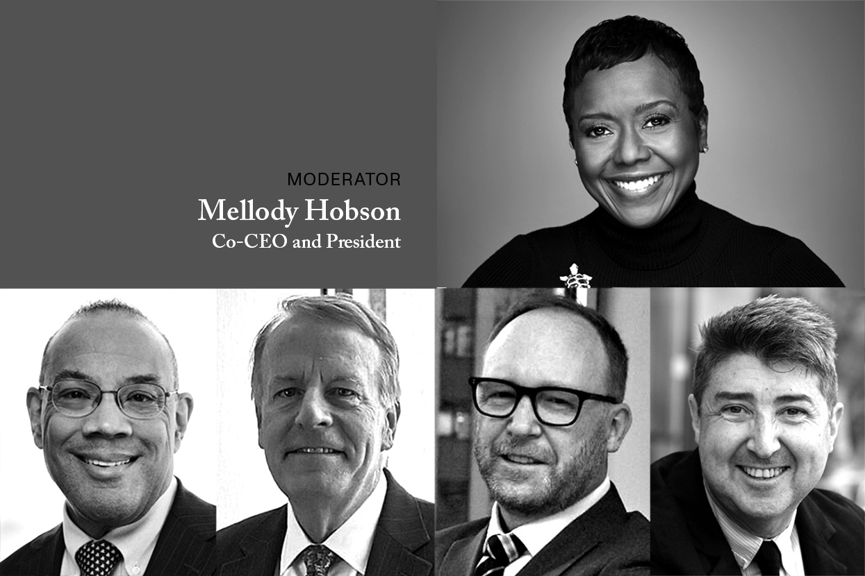 Black and white headshots of Mellody Hobson, John Rogers, Jr., Charlie Bobrinskoy, Timothy Fidler and Henry Mallari-D’Auria